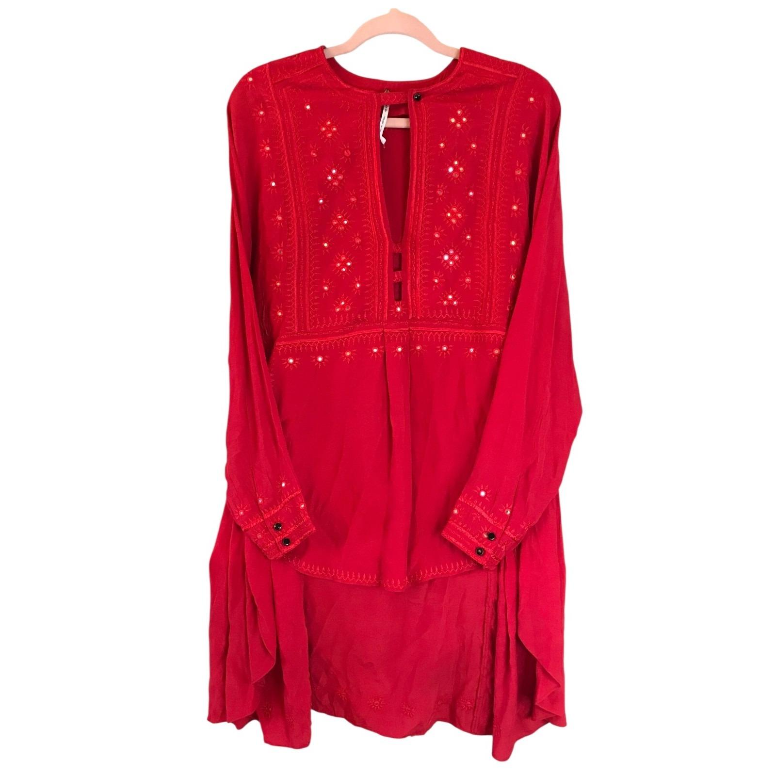 Free People Women's Romantics Embellished Emroidered Tunic Dress Top Red Xs Nwot